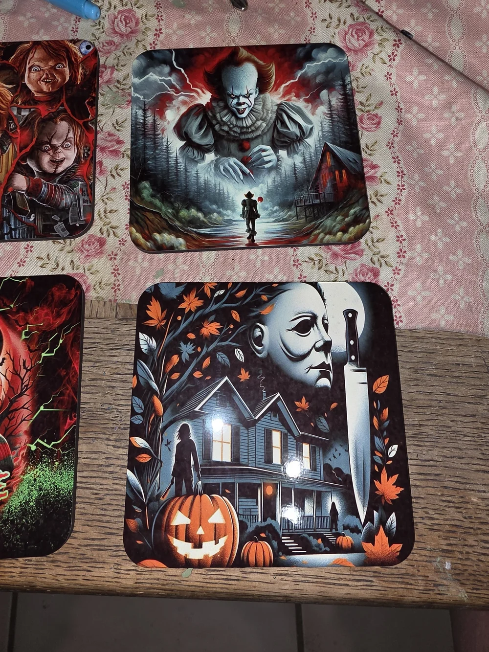 Horror Movie Coaster Set - Assorted Halloween Designs in Black/Red/Gray